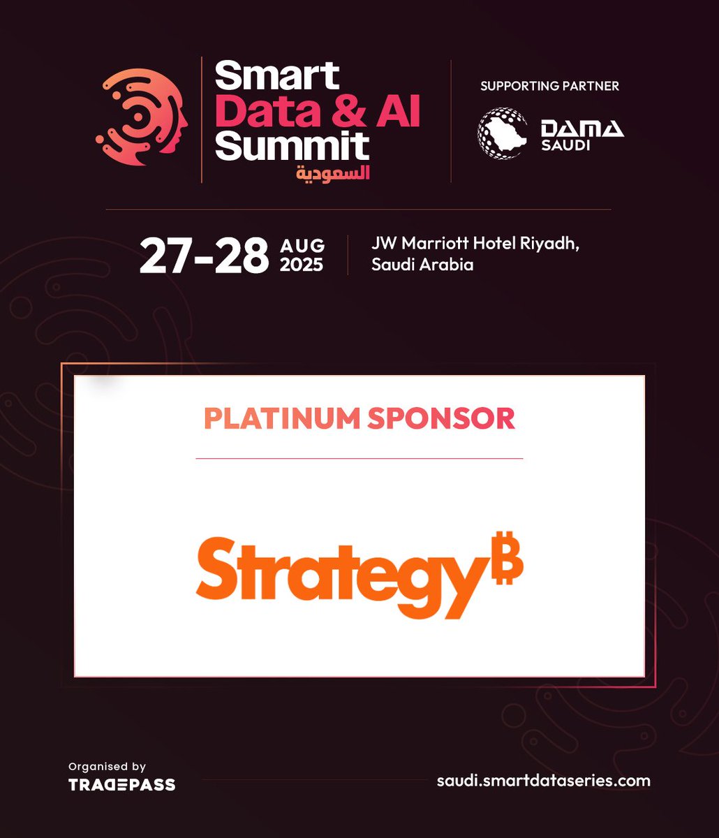 Tradepassglobal's tweet image. Proud to welcome Strategy as Platinum Sponsor at #SDAIS 2025!

Aug 27-28 | JW Marriott Hotel Riyadh

#SDAIS