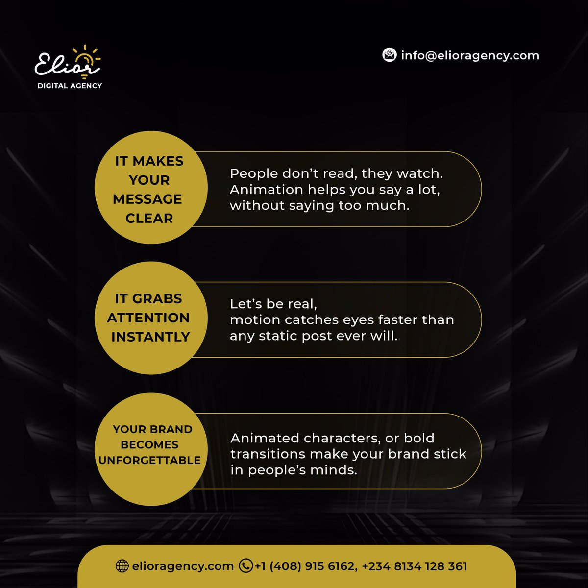 EliorDigital's tweet image. Bring your brand to life with animation! 

Add personality, creativity, and excitement to your marketing strategy. 
 #AnimationForBusiness #BrandRevitalization #MarketingWithMotion #AnimatedStorytelling #BusinessAnimation #yks25 #BBNajia #LaVozAgentina #LaCasaDeLosFamosos