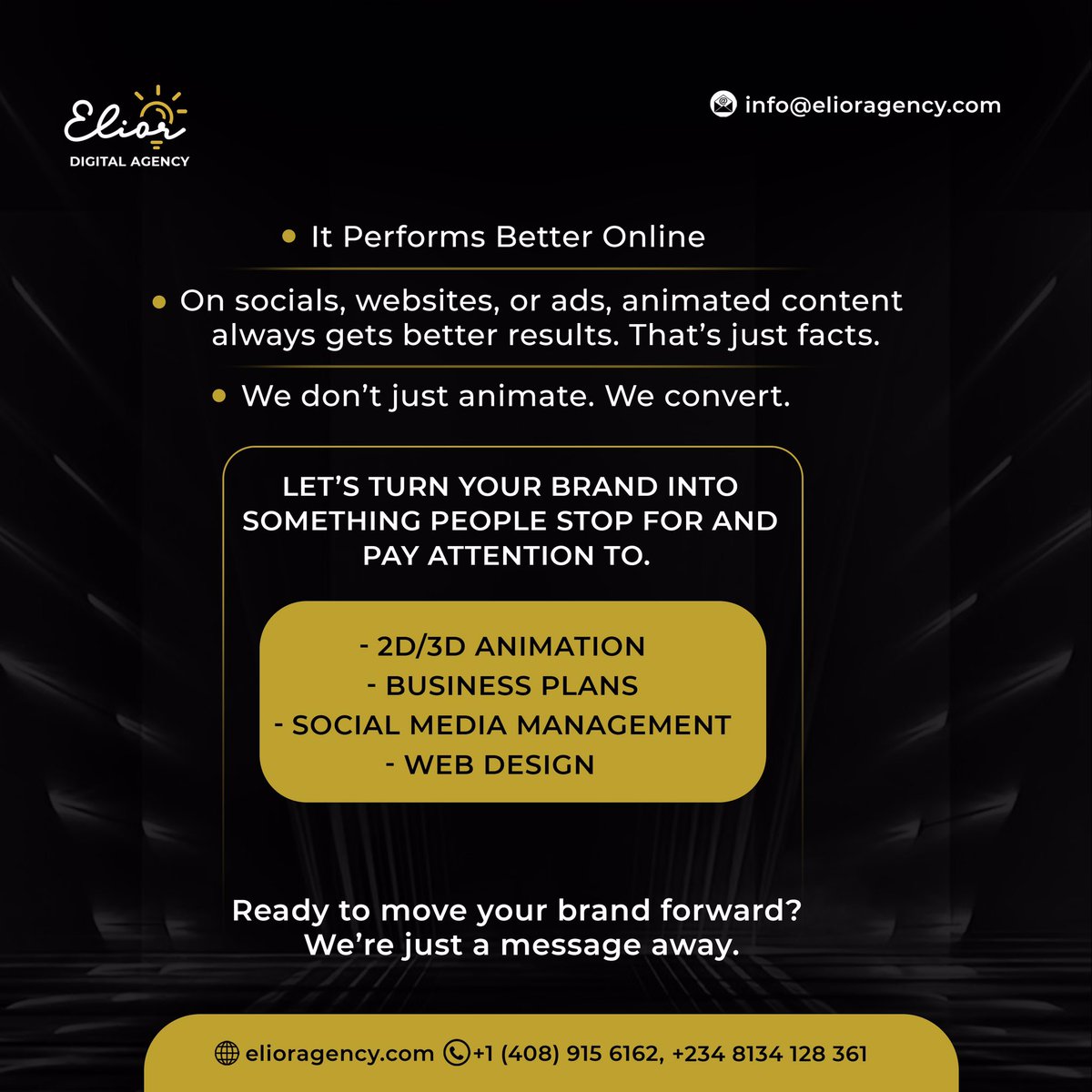 EliorDigital's tweet image. Bring your brand to life with animation! 

Add personality, creativity, and excitement to your marketing strategy. 
 #AnimationForBusiness #BrandRevitalization #MarketingWithMotion #AnimatedStorytelling #BusinessAnimation #yks25 #BBNajia #LaVozAgentina #LaCasaDeLosFamosos