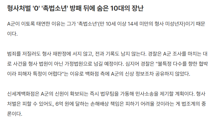 와.. 이후로 모방 범죄만 지금 몇 건인데 
피해자 특정 안 된다고 경찰이 신세계에 신상 정보도 안 넘겼대.. 
보호자들도 지금까지 사과나 연락 없다고