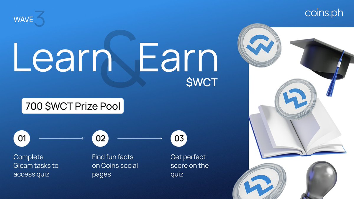 Coins.ph (@coinsph) on Twitter photo For this week’s Learn & Earn, we’ve got the third and final wave of $WCT (<a href="/WalletConnect/">WalletConnect</a>)! 🌊
⚪️ 700 $WCT (₱12,800+) prize pool
🟣 20 winners will get 35 $WCT (~₱640) each!
You know the drill:
1️⃣ Complete Gleam tasks 👉 bit.ly/WCTLandE3G
2️⃣ Comment “Done” on this post For this week’s Learn & Earn, we’ve got the third and final wave of $WCT (<a href="/WalletConnect/">WalletConnect</a>)! 🌊
⚪️ 700 $WCT (₱12,800+) prize pool
🟣 20 winners will get 35 $WCT (~₱640) each!
You know the drill:
1️⃣ Complete Gleam tasks 👉 bit.ly/WCTLandE3G
2️⃣ Comment “Done” on this post