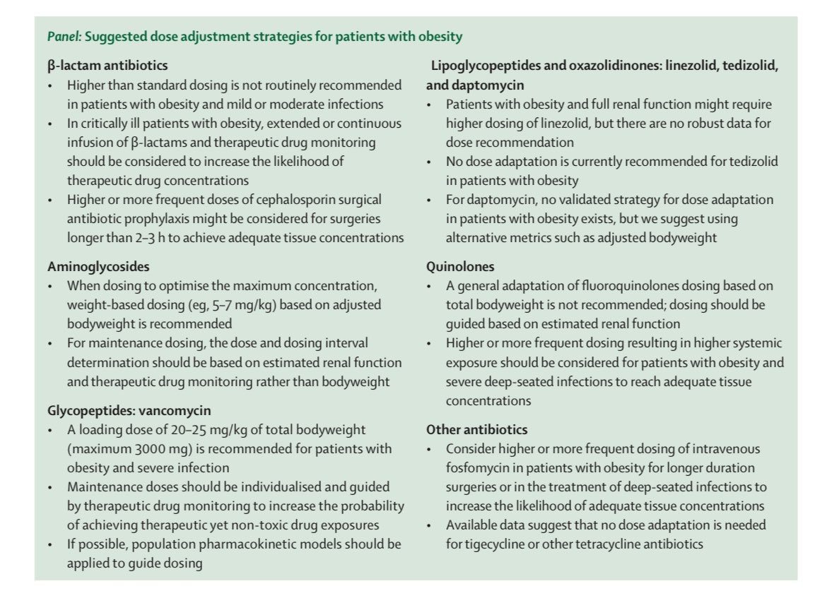 En <a href="/TheLancetInfDis/">The Lancet Infectious Diseases</a> #RevisionSistematica d #ANTBIOTICOS💊🧫en #OBESIDAD(IMC>30)
RESUMEN📝:
🟢POCA afectación en Blactamicos no ajuste)🟰
🔴IMPORTANTE en #Aminogluc y #Glicopeptidos (precisan ajuste dosis)⚖️
🟠ESCASOS datos en el resto (valorar niveles)🧪
🔗thelancet.com/journals/lanin…