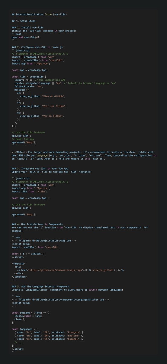 SimeonAzogbonon's tweet image. New #VueJsTips snippet
Turn your @vuejs app multilingual in a few lines with vue-i18n and the Composition API
#vue #frontend #frontenddevelopment #WebDev #webdeveloper