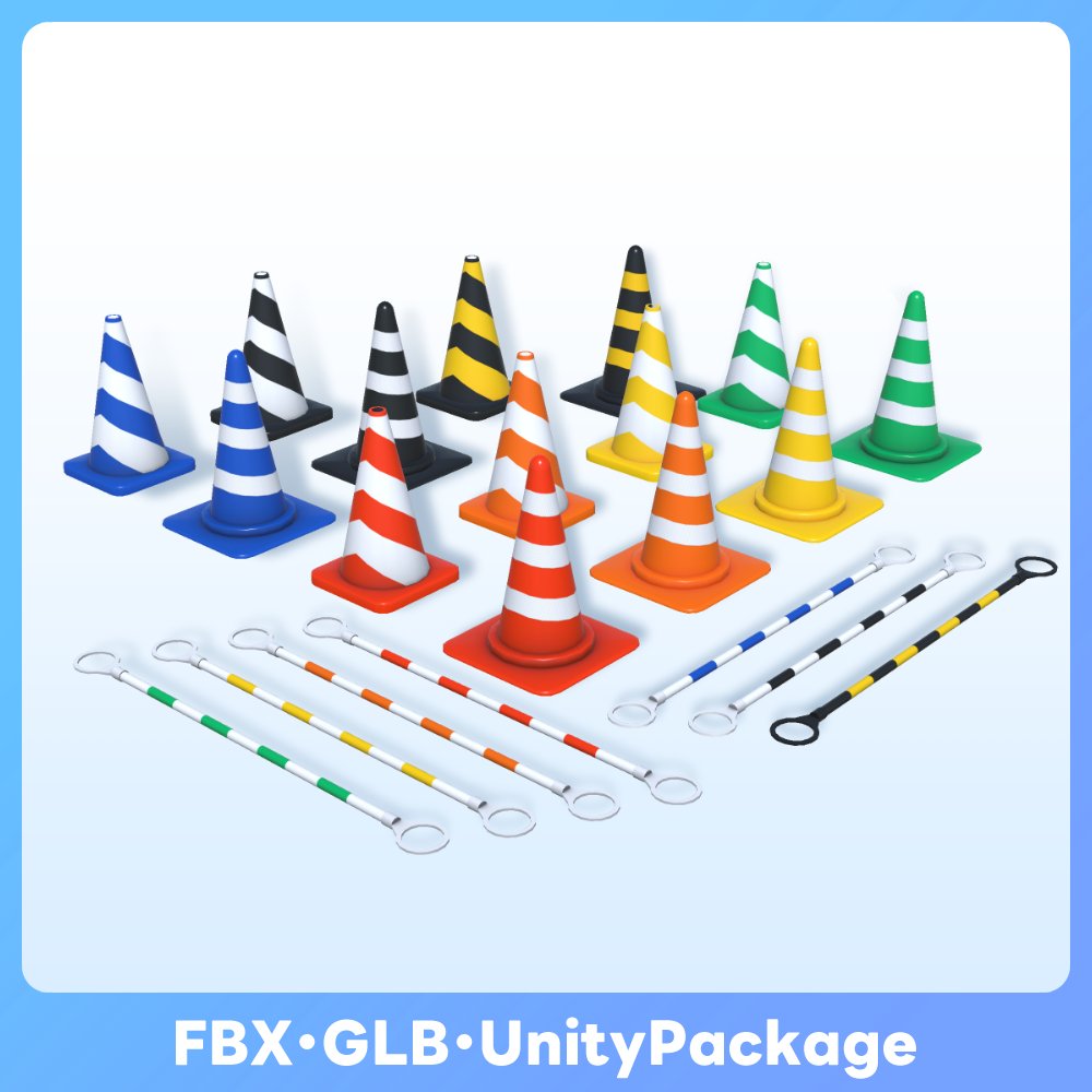 Hualunhaite's tweet image. これでもかと詰め込んだ圧倒的バリエーション。

その名も、アルティメット カラーコーン🚨

コーンは 3種×42パターン、バーは 3種×21パターン🎨
さらに、改変用の標示を多数同梱❗️

組み合わせ次第で、現場から演出までさまざまなシチュエーションに対応します👷＜すげ～

(続👇)
#VRChat #VRC #FBX…