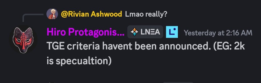 Yesterday I said &gt;2500 LXP should be the minimum for $LINEA airdrop to filter out farmers

Now <a href="/LineaBuild/">Linea.eth</a> mod leaked &gt;2k LXP will be the criteria 👀

Close enough This threshold will still eliminate most Sybils while rewarding genuine users who actually used the ecosystem 💪