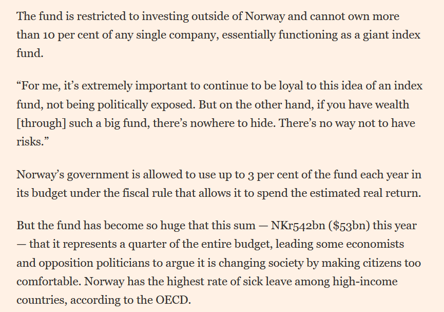 Pretstatā dažu mūsu gaišo prātu idejai ieguldīt pensiju naudu vietējos uzņēmumos vai nodokļu naudu - uzņēmumu izpirkšanā, norvēģu labklājības fonds neinvestē Norvēģijā, bet ienākumi no tā jau veido 1/4 no valsts gada budžeta (FT)