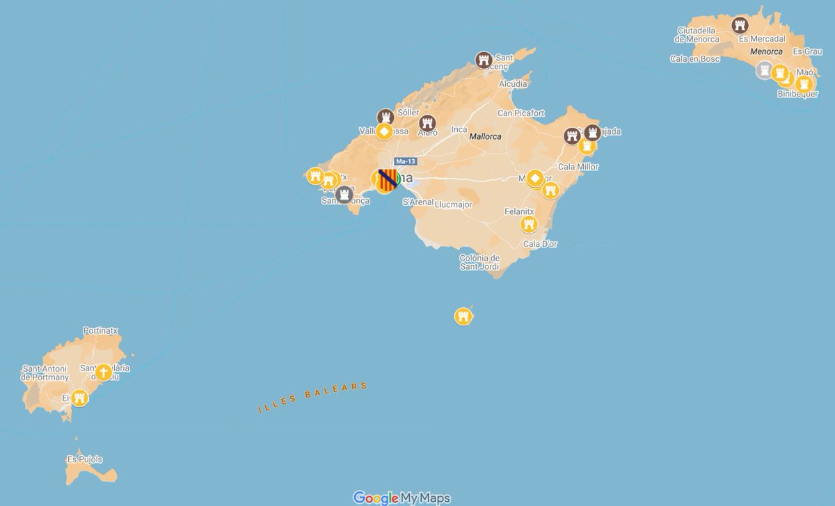 A les Illes Balears he localitzat 34 fortificacions medievals

Entre les que més destaquen tenim:
-Castell de Cabrera (Illa de Cabrera)
-Castell d'Eivissa (Eivissa)
-Castell del Rei (Mallorca)
-Castell de Santueri (Mallorca)
-Castell de Bellver (Mallorca)

mapadecastells.cat