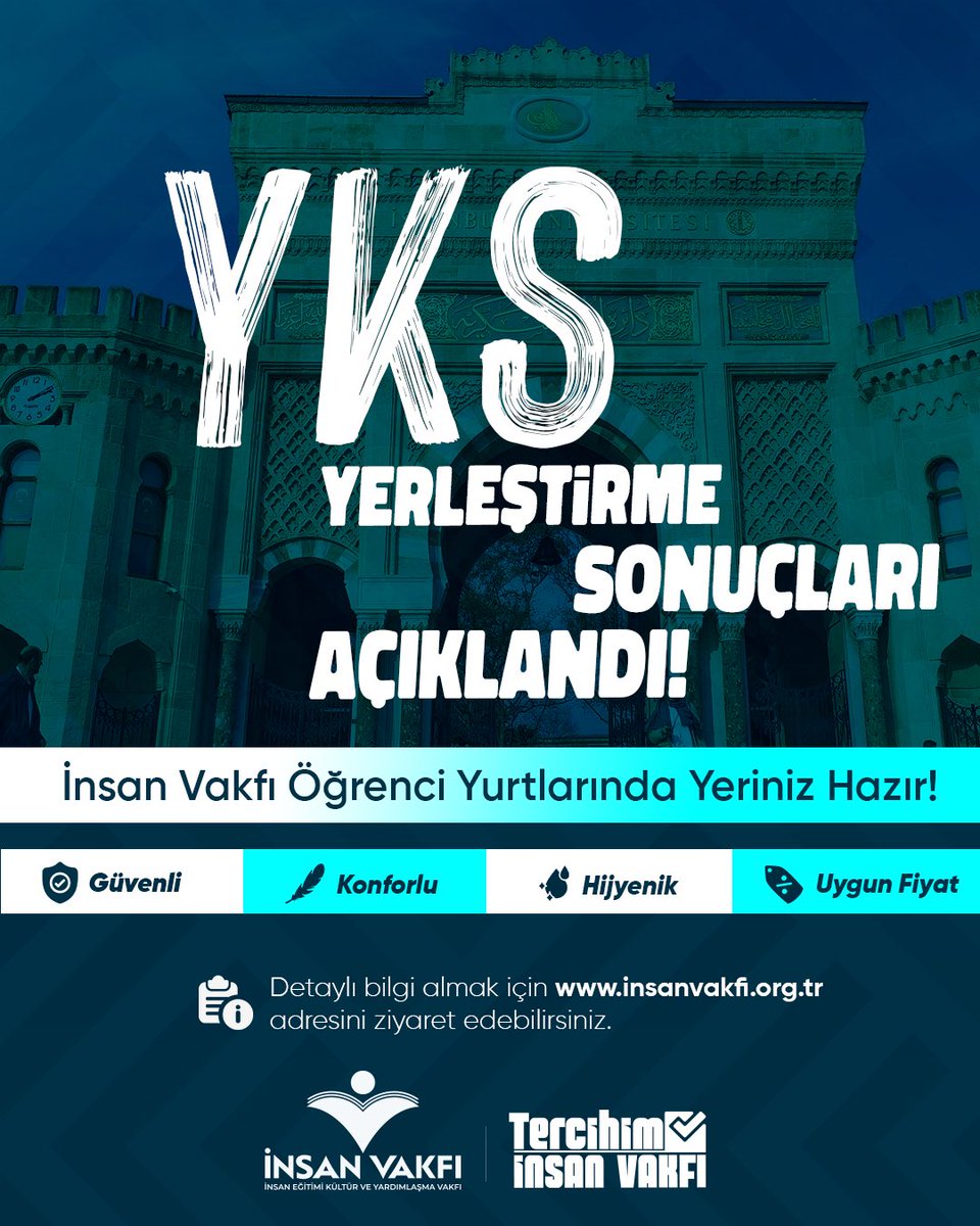 YKS Yerleştirme Sonuçları Açıklandı!

İnsan Vakfı Öğrenci Yurtlarında yeriniz hazır.

Başvuru için;
🌐 insanvakfi.org.tr
📞 0212 534 41 61