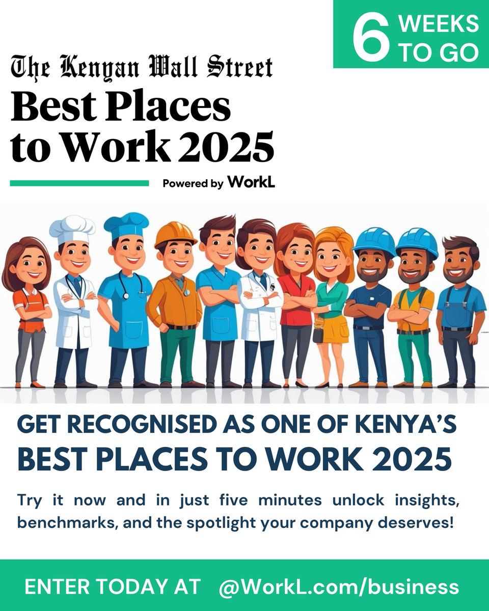 6 weeks left to enter the Best Places to Work Awards Kenya 2025.

Showcase your workplace culture, innovation, and impact. Submit your entry today before it’s too late.
<a href="/WorkLforBusines/">WorkL For Business</a> 
workl.com/business/workp…