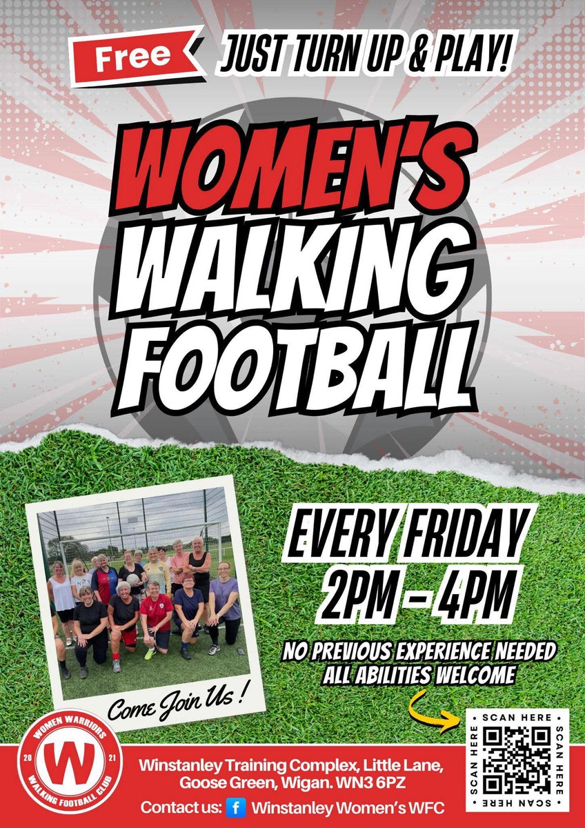 Our friends at Winstanley Warriors Women’s Walking Football are running FREE sessions on Fridays 2–4pm. It’s a brilliant way to make friends, stay active, &amp; have fun in a welcoming &amp; supportive environment. No experience needed – all abilities welcome. Just turn up and join in