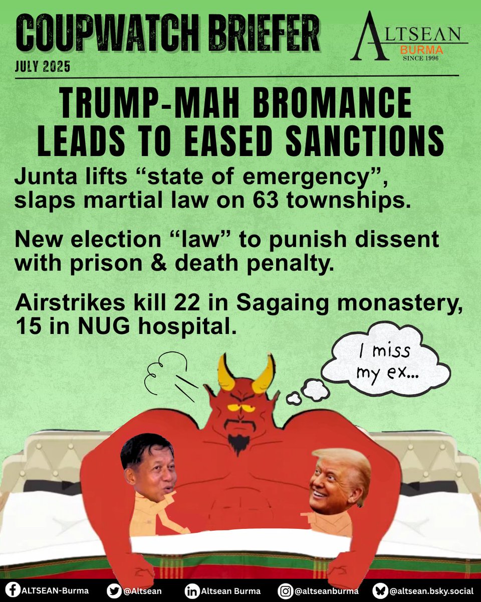 ALTSEAN-Burma (@altsean) on Twitter photo ‼️ Latest ALTSEAN #CoupWatch for July 2025 ‼️
“Junta lifts “state of emergency”, slaps martial law on 63 Tsps”
📒Full briefer here: bit.ly/CWBJul25
📧Stay updated: eepurl.com/bE2nRT
<a href="/adn_asia/">Asia Democracy Network</a>
<a href="/forum_asia/">FORUM-ASIA</a>
<a href="/BHRNUK/">BHRN</a>
<a href="/IIDonline/">IID 🕊️⚖</a>
<a href="/fidh_en/">FIDH</a>
<a href="/JusticeMyanmar/">Justice For Myanmar</a>
<a href="/WomensPeaceNW/">Women's Peace Network</a> ‼️ Latest ALTSEAN #CoupWatch for July 2025 ‼️
“Junta lifts “state of emergency”, slaps martial law on 63 Tsps”
📒Full briefer here: bit.ly/CWBJul25
📧Stay updated: eepurl.com/bE2nRT
<a href="/adn_asia/">Asia Democracy Network</a>
<a href="/forum_asia/">FORUM-ASIA</a>
<a href="/BHRNUK/">BHRN</a>
<a href="/IIDonline/">IID 🕊️⚖</a>
<a href="/fidh_en/">FIDH</a>
<a href="/JusticeMyanmar/">Justice For Myanmar</a>
<a href="/WomensPeaceNW/">Women's Peace Network</a>