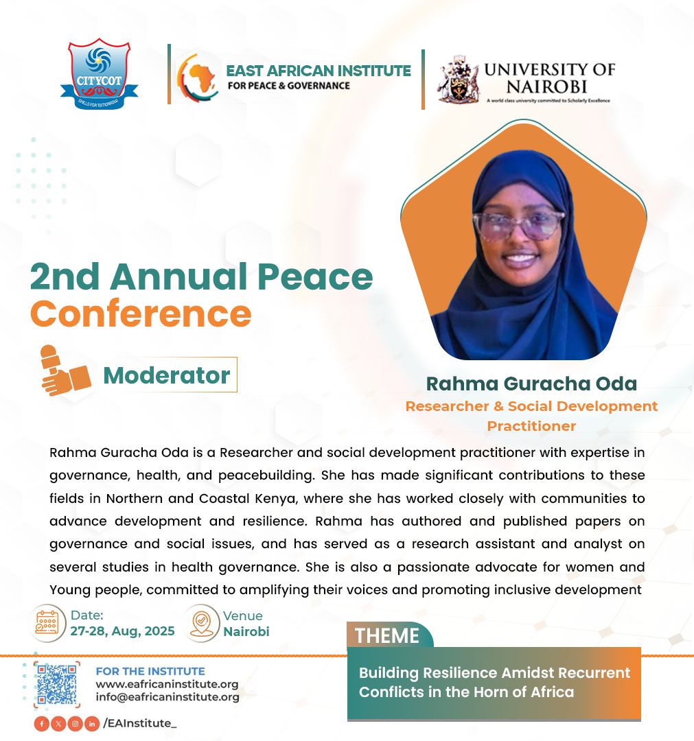 Excited to be moderating at the 2nd Annual Peace Conference in Nairobi Convened by <a href="/EAInstitute_/">East African Institute for Peace and Governance</a> themed Building Resilience Amidst Recurrent Conflicts in the Horn of Africa. Grateful for the chance to amplify voices for peace, governance &amp; inclusive regional development.