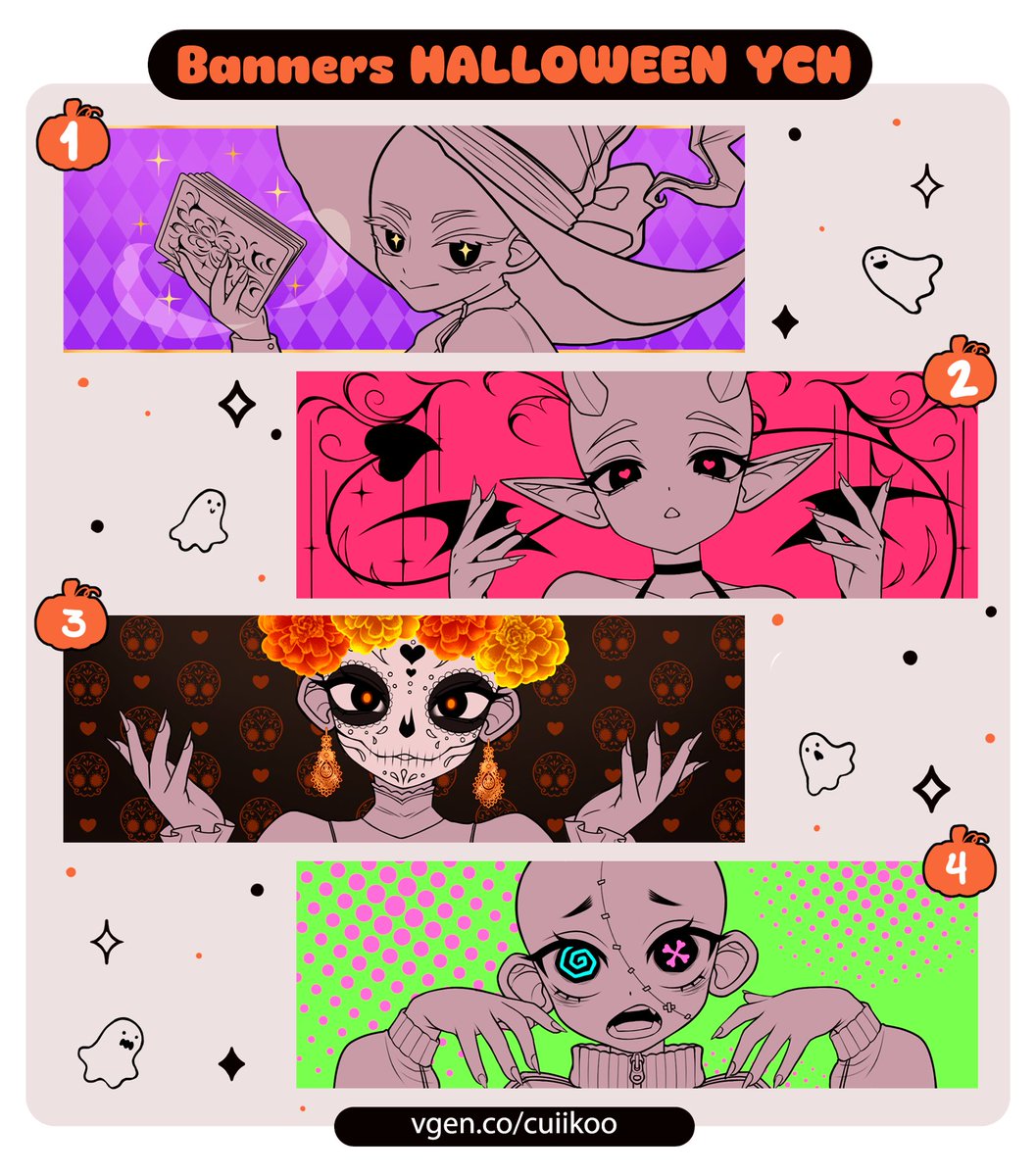 HALLOWEEN IS COMING!!! 🎃💀

A limited slot of 4 Halloween banners will open on September 1st on my VGEN!!!

I'm happy to be able to offer a wider variety of commissions for special dates we all love!! 💕

I only make my commissions for VGEN. ONLY VGEN.