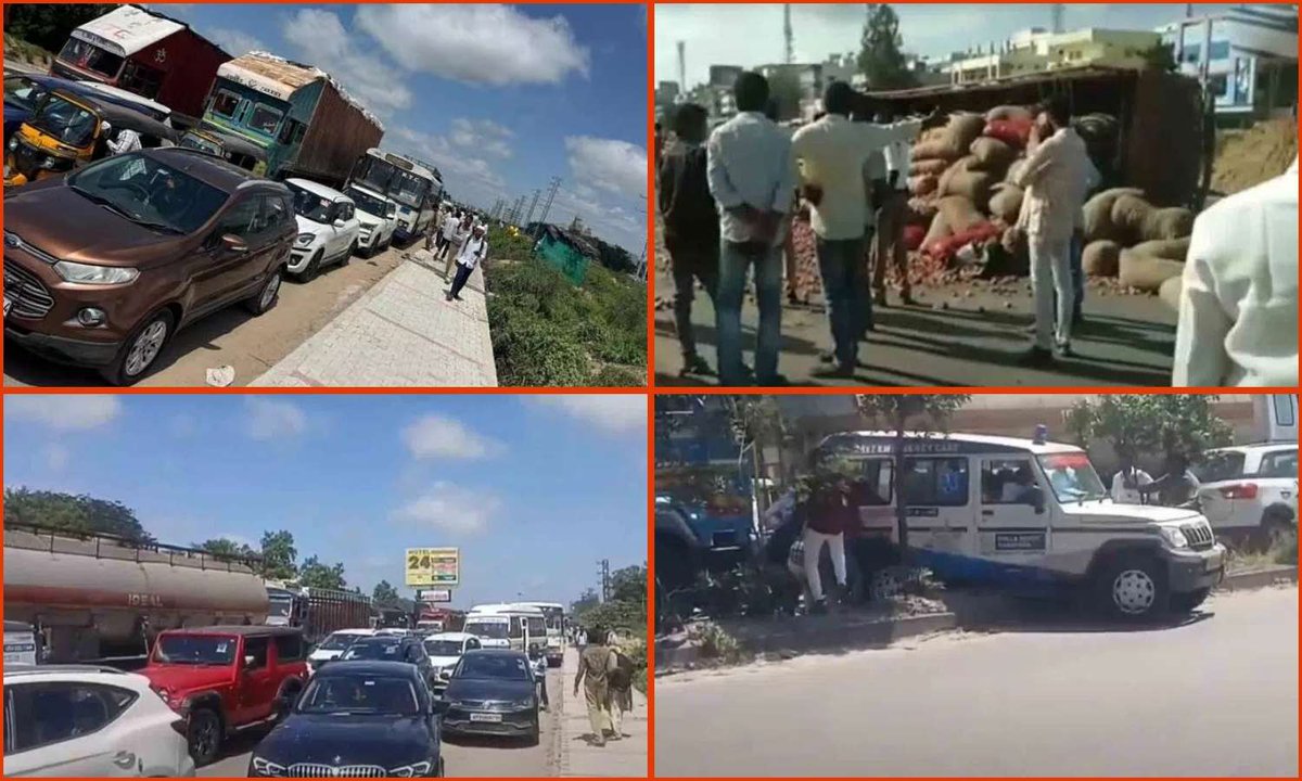 hydnewshunt's tweet photo. An onion-laden truck overturned at Isnapur on the Hyderabad–Mumbai highway, triggering a kilometre-long traffic jam. Police used a crane to clear the road.

#Hyderabad #TrafficJam #Isnapur
https://t.co/LvVbQAweXL