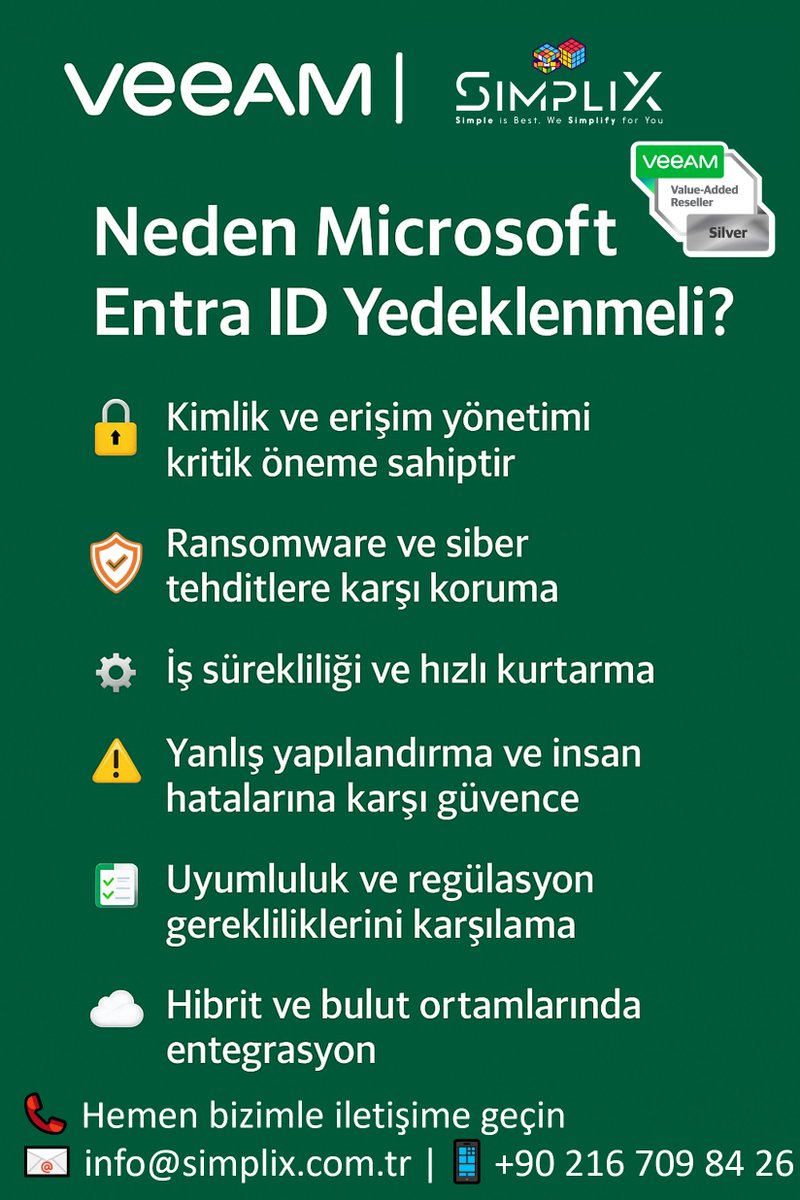 ☁️ <a href="/Microsoft/">Microsoft</a>  #EntraID Kimlikleriniz <a href="/Veeam/">Veeam® Software</a>  Software ile Güvence Altında

#SimpliX Teknoloji Hizmetleri olarak #Veeam Silver Partner unvanımız ile, kimlik verilerinizi güvence altına alıyoruz.

linkedin.com/feed/update/ur…