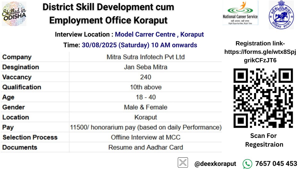 deexkoraput's tweet photo. 🚨 Job Drive Alert – Koraput 📷 📷https://t.co/il2QmyCEDO 📷 Company: Mitra Sutra Infotech Pvt. Ltd. 📷 Role: Jan Seba Mitra | Vacancies: 240 , Interview: 30 Aug '25 https://t.co/XVMwpfQDMr
