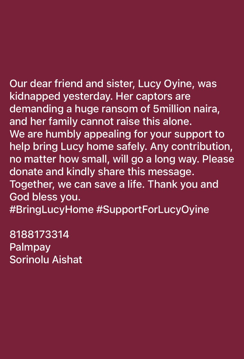 Please help us bring Lucy home.
8188173314
Palmpay 
Sorinolu Aishat