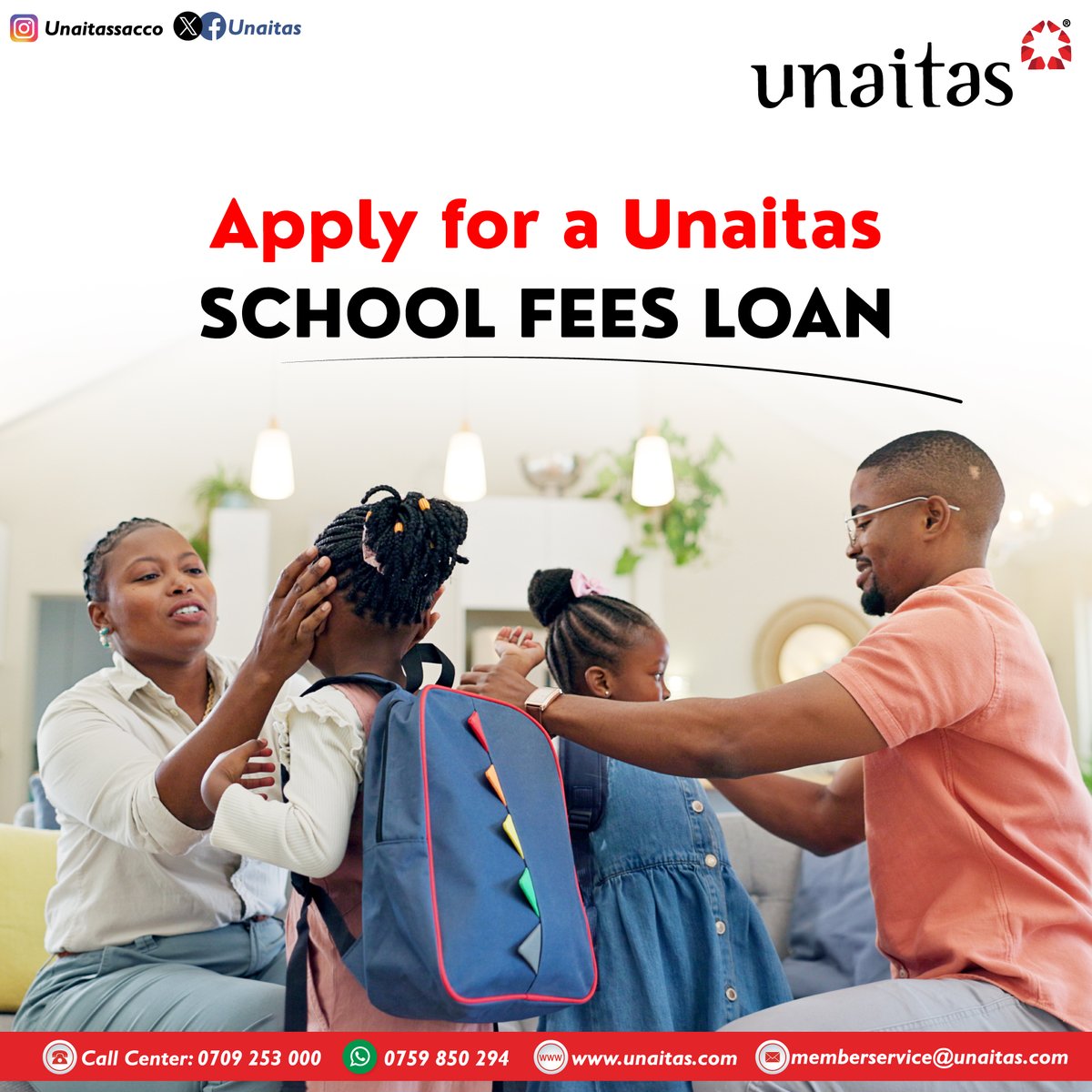We know the pressures of parenting today...schools are reopening and meeting school fees can be a challenge. Our School Fees Loan gives you quick processing and flexible repayment. Keep your child learning without interruption. Karibu Unaitas 
#UnaitasYouandMe #BackToSchool