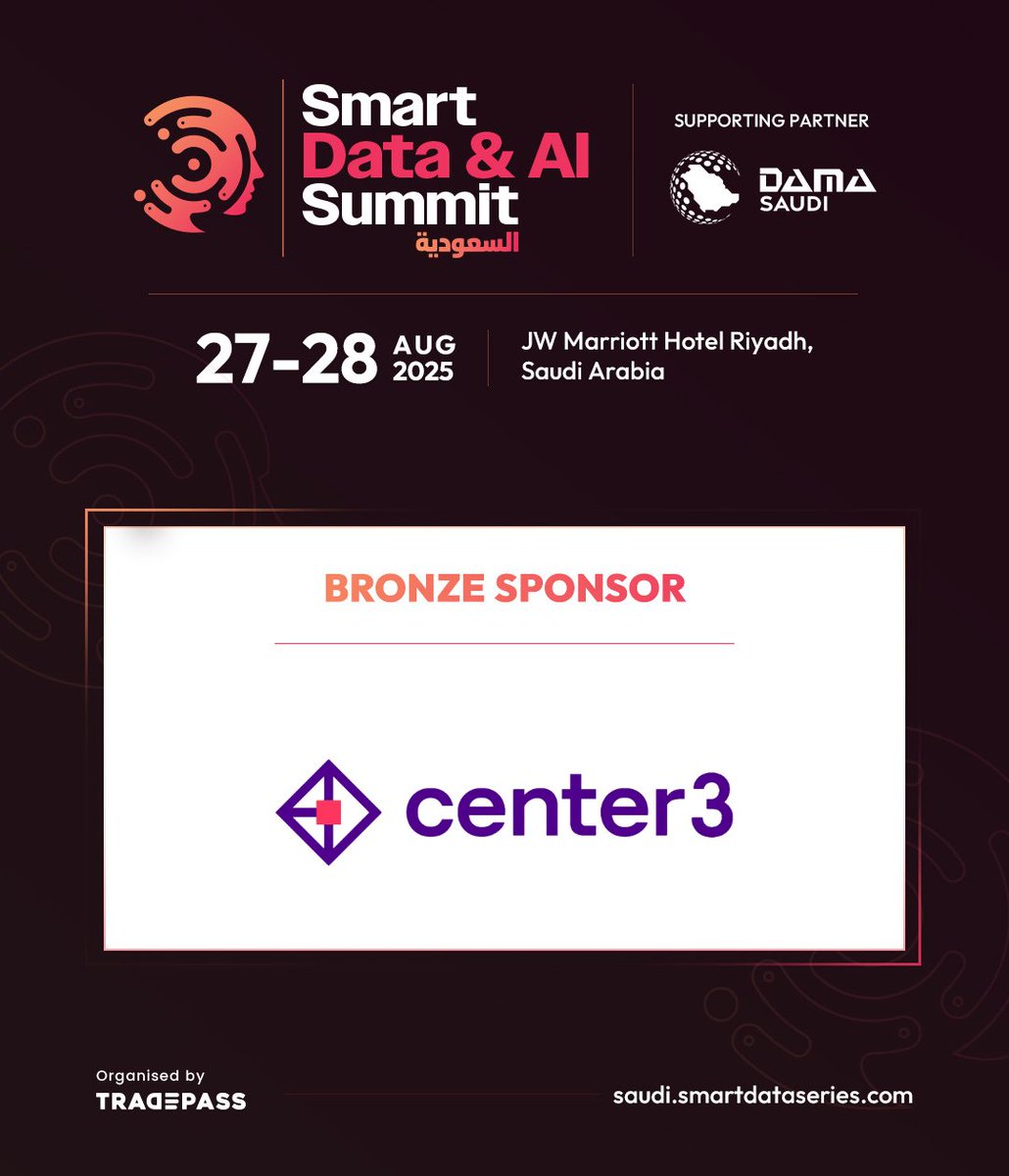 Tradepassglobal's tweet image. Proud to welcome center3 as Bronze Sponsor at #SDAIS 2025!

Aug 27-28 | JW Marriott Hotel Riyadh

#SDAIS