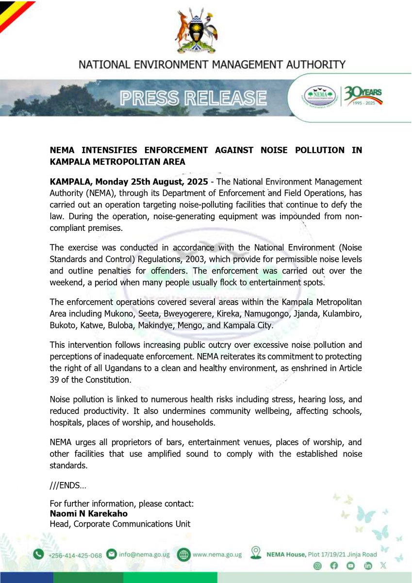 nemaug's tweet image. NEMA INTENSIFIES ENFORCEMENT AGAINST NOISE POLLUTION
@nemaug, through its Department of Enforcement and Field Operations, has carried out an operation targeting noise-polluting facilities that continue to defy the law. Details follow...