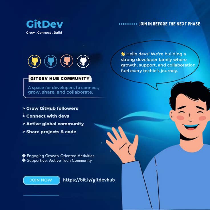 thevalidcode's tweet image. 🌍💙 GitDev Hub — 100+ GitHub Followers & Beyond 🚀🔥
Join the #GitHubDevChallenge 🎉
✅ Follow & get followed back
✅ Engage on projects ⭐
✅ Collaborate & grow together
👉 Join here: chat.whatsapp.com/LJd4mpbbcMRD99…