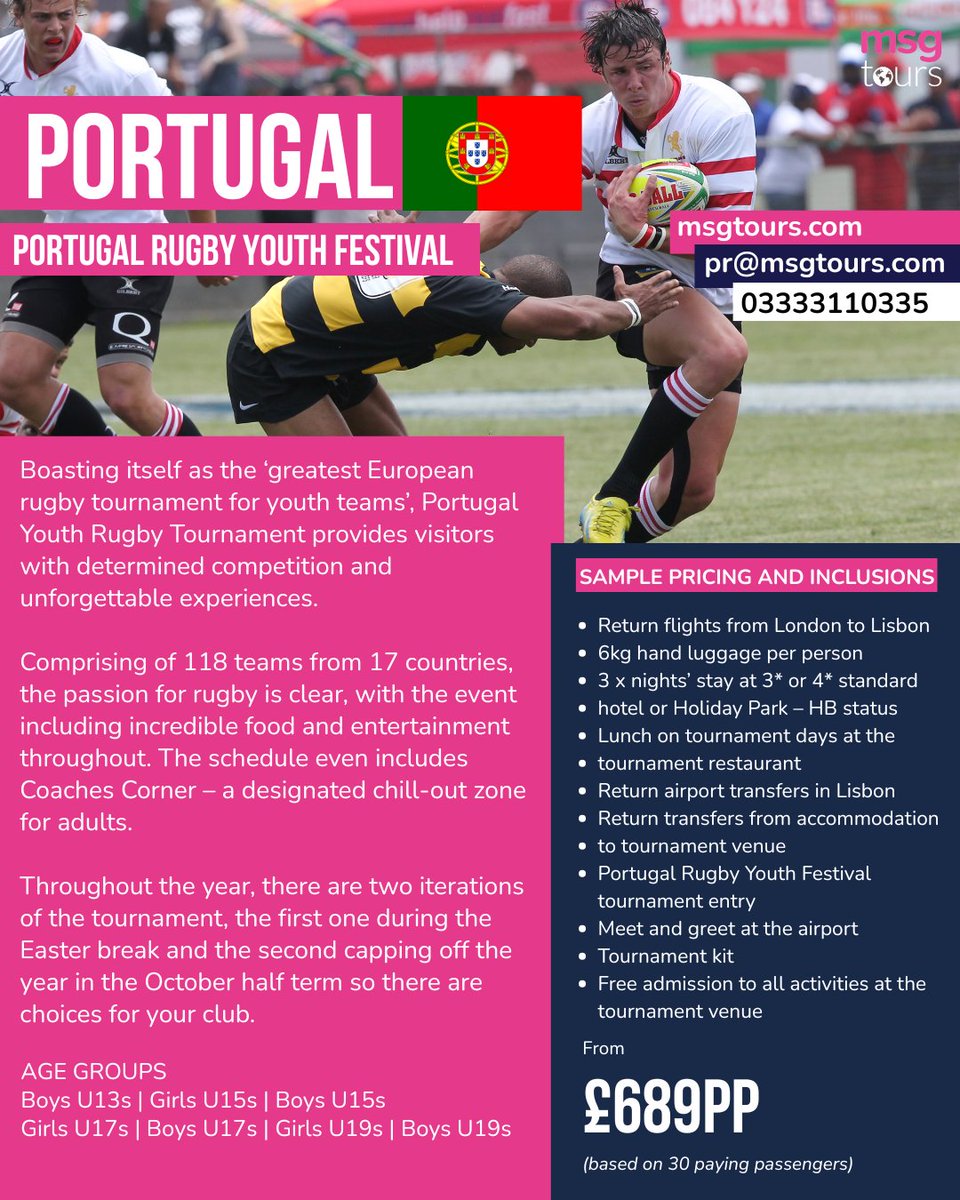 MSG Tours (@msgtours) on Twitter photo Boasting itself as the ‘greatest European rugby tournament for youth teams’, Portugal Youth Rugby Tournament provides visitors with determined competition and unforgettable experiences.
Learn more!
Msgtours.com
Pr@msgtours.com Boasting itself as the ‘greatest European rugby tournament for youth teams’, Portugal Youth Rugby Tournament provides visitors with determined competition and unforgettable experiences.
Learn more!
Msgtours.com
Pr@msgtours.com