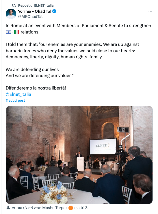 Stefano Barazzetta (@stebaraz) on Twitter photo La questione <a href="/Elnet_Italia/">ELNET Italia</a>, di cui <a href="/ivanscalfarotto/">Ivan Scalfarotto 🇮🇹🇪🇺🇺🇦</a> è Board Member, si fa interessante.
A Febbraio a Roma c'è stato un incontro a cui ha partecipato <a href="/MKOhadTal/">אוהד טל - Ohad Tal</a>, "a member of the Foreign Affairs and Defense Committee" per conto del partito di Smotrich.
Che ci dici Ivan? La questione <a href="/Elnet_Italia/">ELNET Italia</a>, di cui <a href="/ivanscalfarotto/">Ivan Scalfarotto 🇮🇹🇪🇺🇺🇦</a> è Board Member, si fa interessante.
A Febbraio a Roma c'è stato un incontro a cui ha partecipato <a href="/MKOhadTal/">אוהד טל - Ohad Tal</a>, "a member of the Foreign Affairs and Defense Committee" per conto del partito di Smotrich.
Che ci dici Ivan?