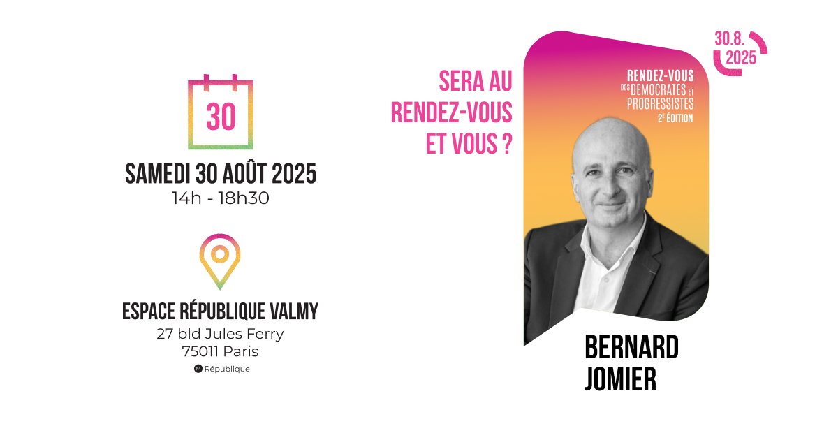 Territoires de Progrès (@terresdeprogres) on Twitter photo 👀 <a href="/BernardJomier/">Bernard Jomier</a>, sénateur <a href="/placepublique_/">Place publique 🟡</a> de Paris, sera avec nous pour la 2ᵉ édition du RDV des Démocrates et Progressistes !
🗓️ Samedi 30 août 2025 – 14h à 18h30
📍 Espace République Valmy, Paris
👉 Un rendez-vous incontournable pour débattre et s’engager ensemble ! 👀 <a href="/BernardJomier/">Bernard Jomier</a>, sénateur <a href="/placepublique_/">Place publique 🟡</a> de Paris, sera avec nous pour la 2ᵉ édition du RDV des Démocrates et Progressistes !
🗓️ Samedi 30 août 2025 – 14h à 18h30
📍 Espace République Valmy, Paris
👉 Un rendez-vous incontournable pour débattre et s’engager ensemble !