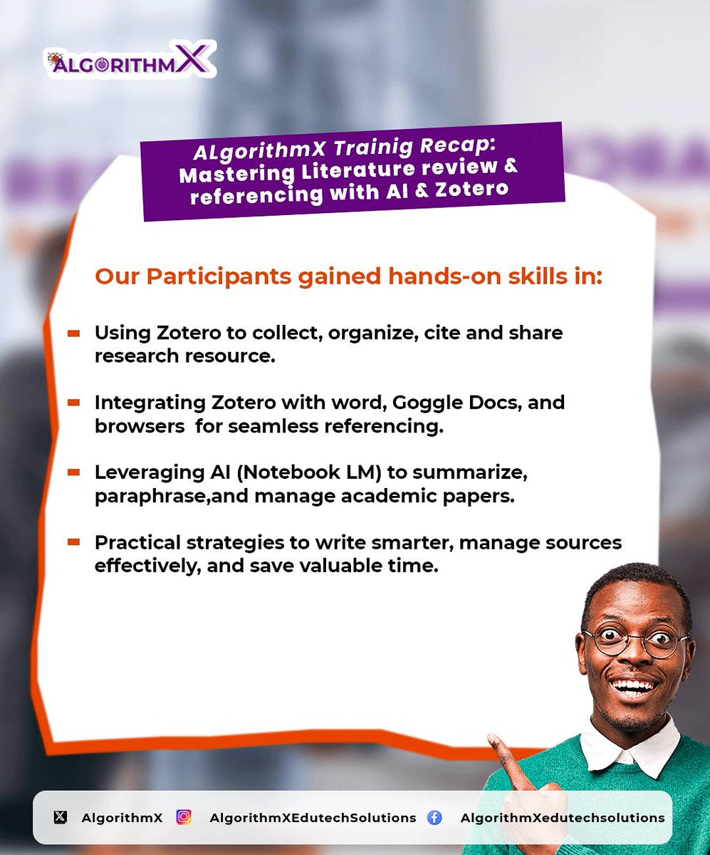 AlgorithmX_124's tweet image. We just wrapped up our AI + Zotero Literature Review &amp;amp; Referencing class 🚀📚
Another FREE class is coming soon 🎉
👉 Click the link in our bio to register &amp;amp; stay updated.
#AlgorithmX #ResearchSmarter #AI
