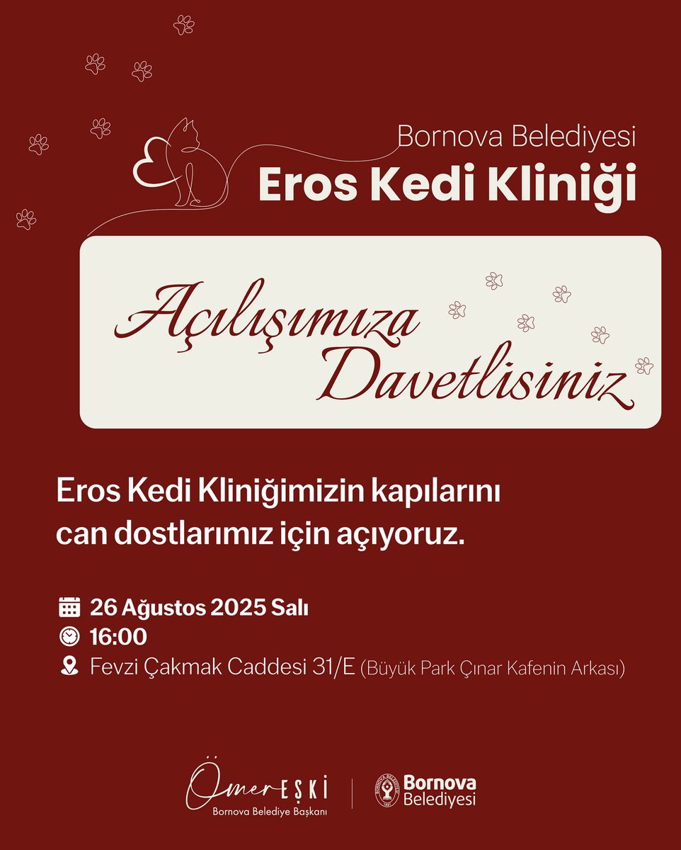 Bornova’da sokak kedilerimizin sağlığı ve güvenliği için kurduğumuz Eros Kedi Kliniği’nin kapılarını açıyoruz.

26 Ağustos Salı günü saat 16.00’da yapacağımız açılışımıza tüm Bornovalı dostlarımızı bekliyoruz.

📍 Fevzi Çakmak Caddesi 31/E (Büyük Park Çınar Kafenin Arkası)