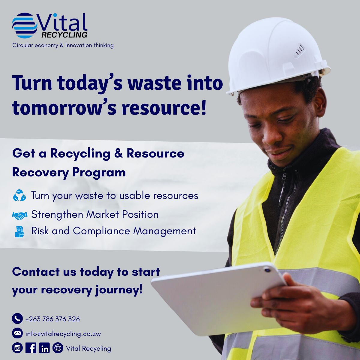 Turn Waste into Wealth! Our Programs are designed to transform your waste into usable resources; reducing landfill impact, cutting costs, and boosting sustainability efforts. Contact us today to start your recovery journey! #VitalRecycling #recyclingzw #ESG  #circulareconomyzw