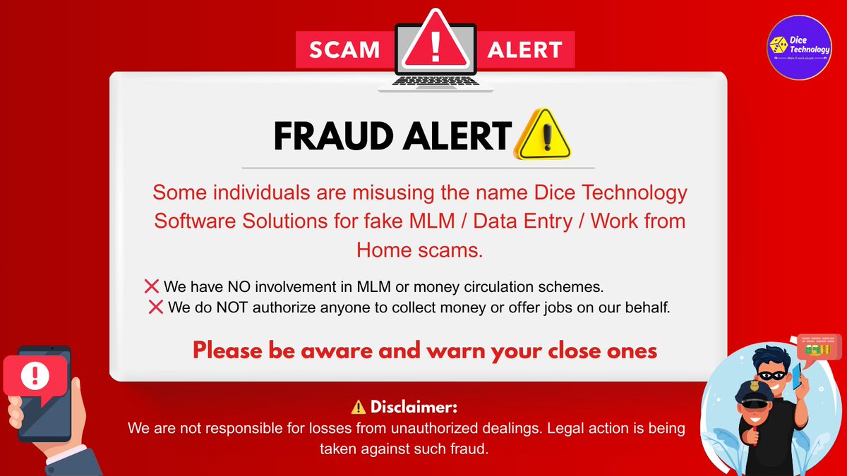 dicetechtrichy's tweet image. 🚨#FraudAlert!🚨
Some #scammers are misusing our name Dice Technology Software Solutions for #fake MLM / Data Entry / Work From Home scams.
❌We don’t collect money or offer jobs through agents.
✅Don’t make any payments. Report to info@dicetechnology.com.
Stay Safe. Stay Alert