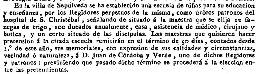 Noticia del establecimiento de una escuela de niñas, en Sepúlveda, y condiciones del contrato de la maestra, publicada en enero del año 1801.