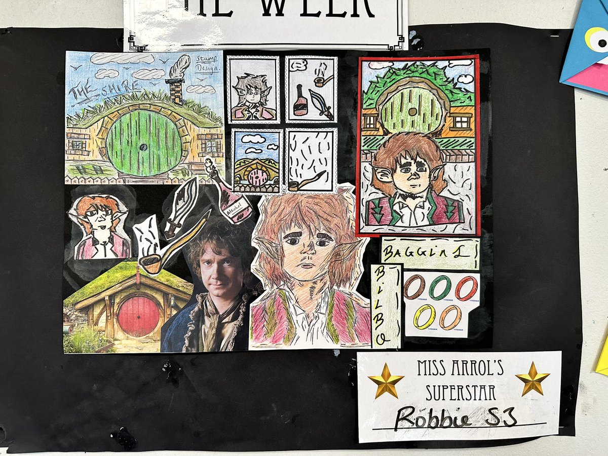 Well done to Robbie (S3) who is Miss A’s work of the week! 
Robbie has worked very hard to create a stamp design collection based on Bilbo Baggins his favourite movie character. 
Great work Robbie! 
#celebratingsuccess