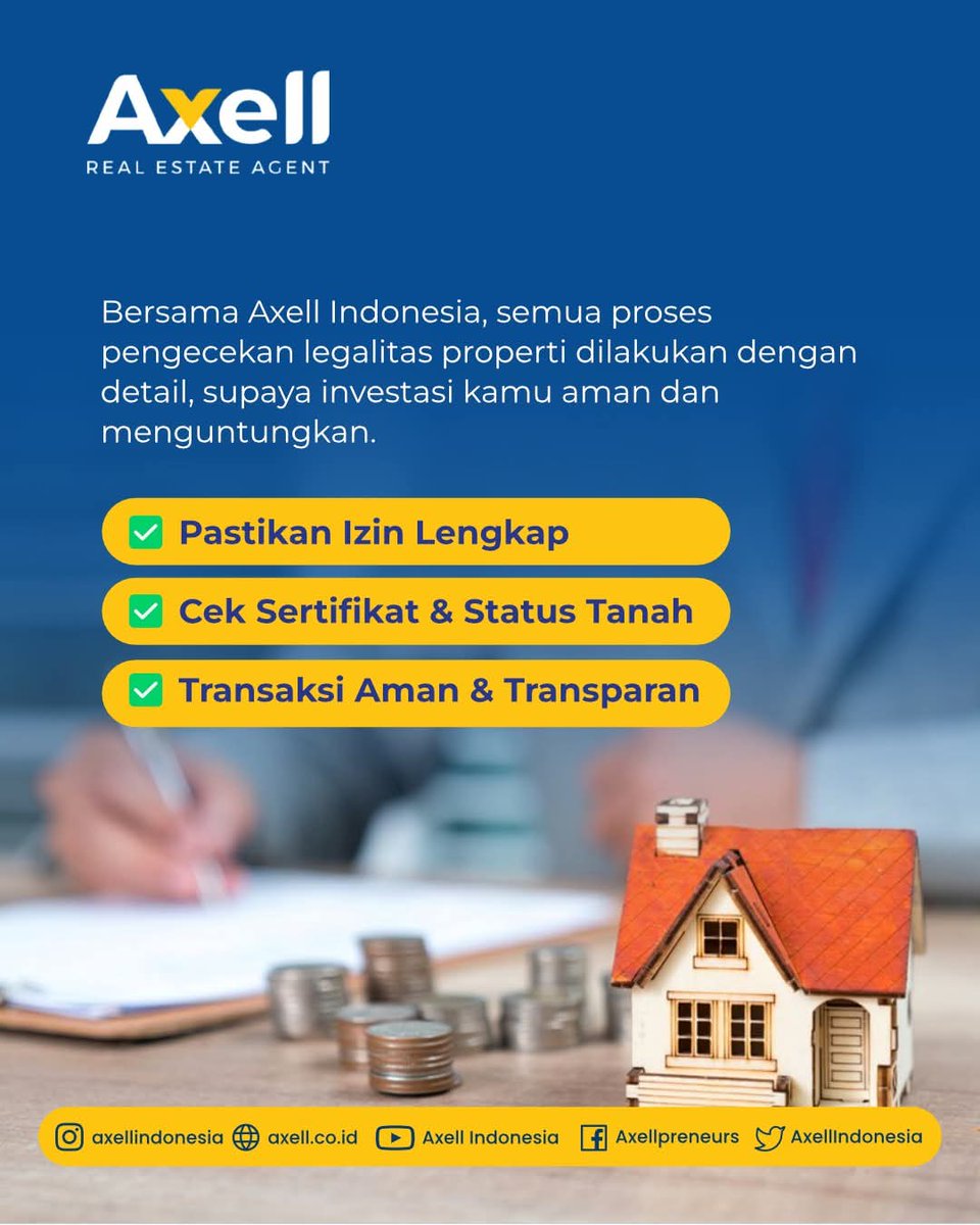 AxellIndonesia's tweet photo. Di Axell Indonesia, kami bantu kamu memastikan semua dokumen properti lengkap dan sah. Karena beli properti itu bukan cuma soal punya bangunan, tapi juga soal punya rasa aman. Konsultasi properti impianmu di https://t.co/L4VGX09nrp https://t.co/X38w13XxwJ