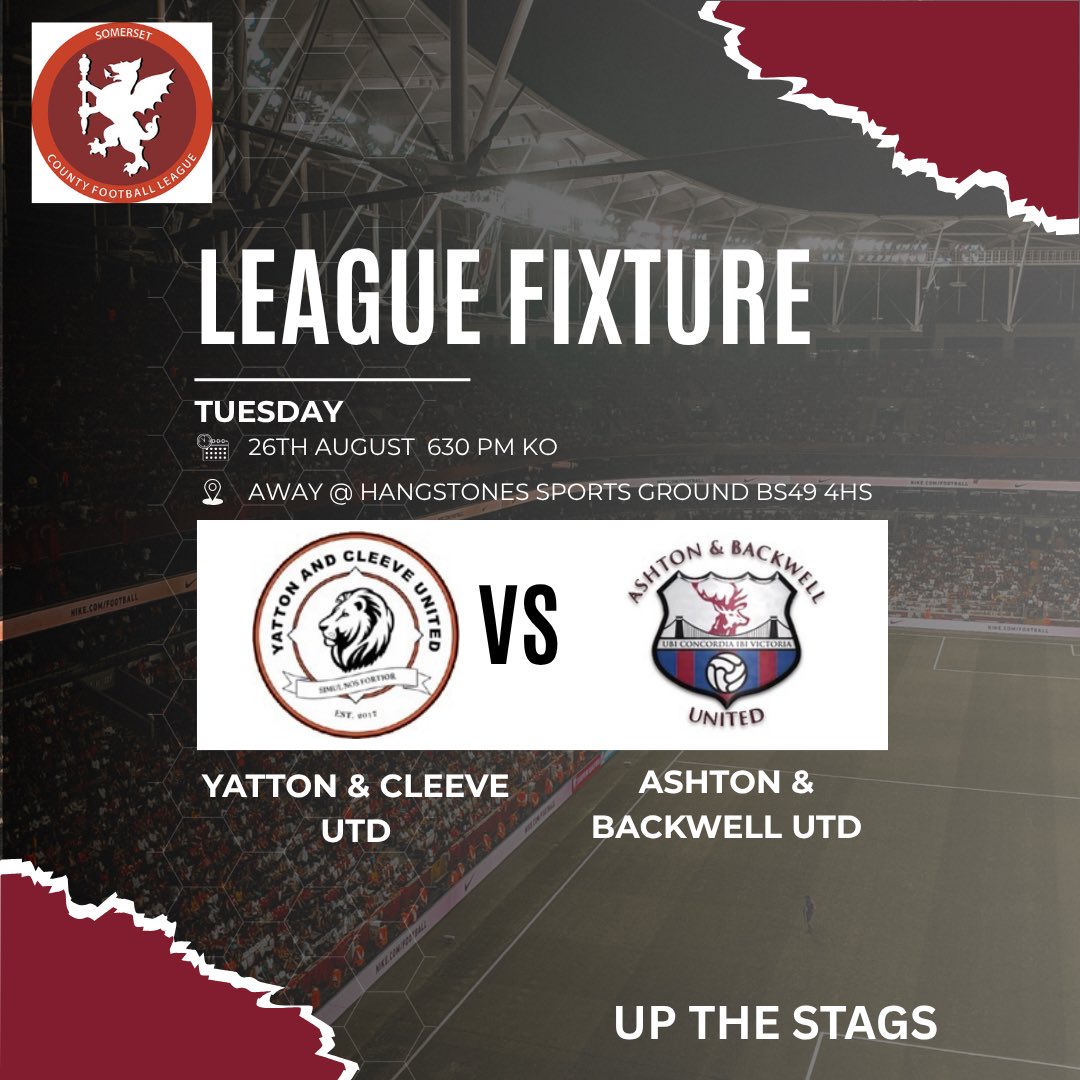 📅 Matchday 6
⚽ <a href="/yacufc/">Yatton & Cleeve Utd Fc</a> Vs The Stags 
🏟️Away Hangstones Sports Ground BS49 4HS
🕒 Tues 26th August –630PM KO

Back in action this Tuesday with a short trip up the road

#UpTheStags | #ABUFC | #NonLeagueFootball 🦌🦌