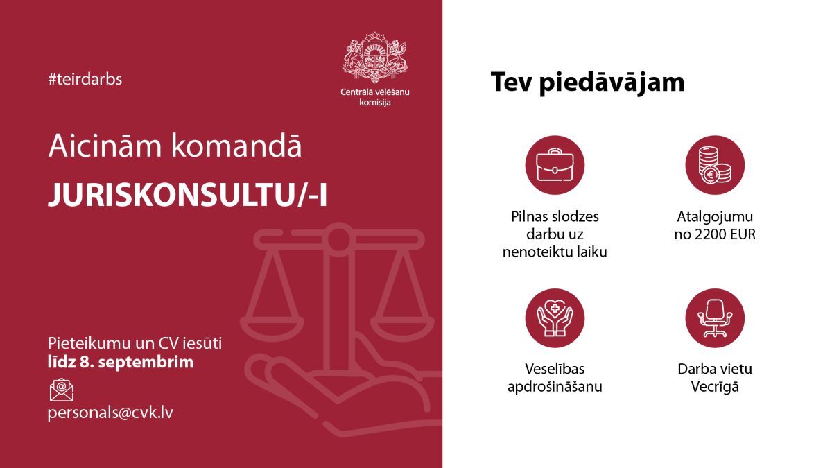 Centrālā vēlēšanu komisija izsludina konkursu uz vakanto Juriskonsulta/-es amata vietu. #teirdarbs #CVK 
cvk.lv/lv/vakance/cen…