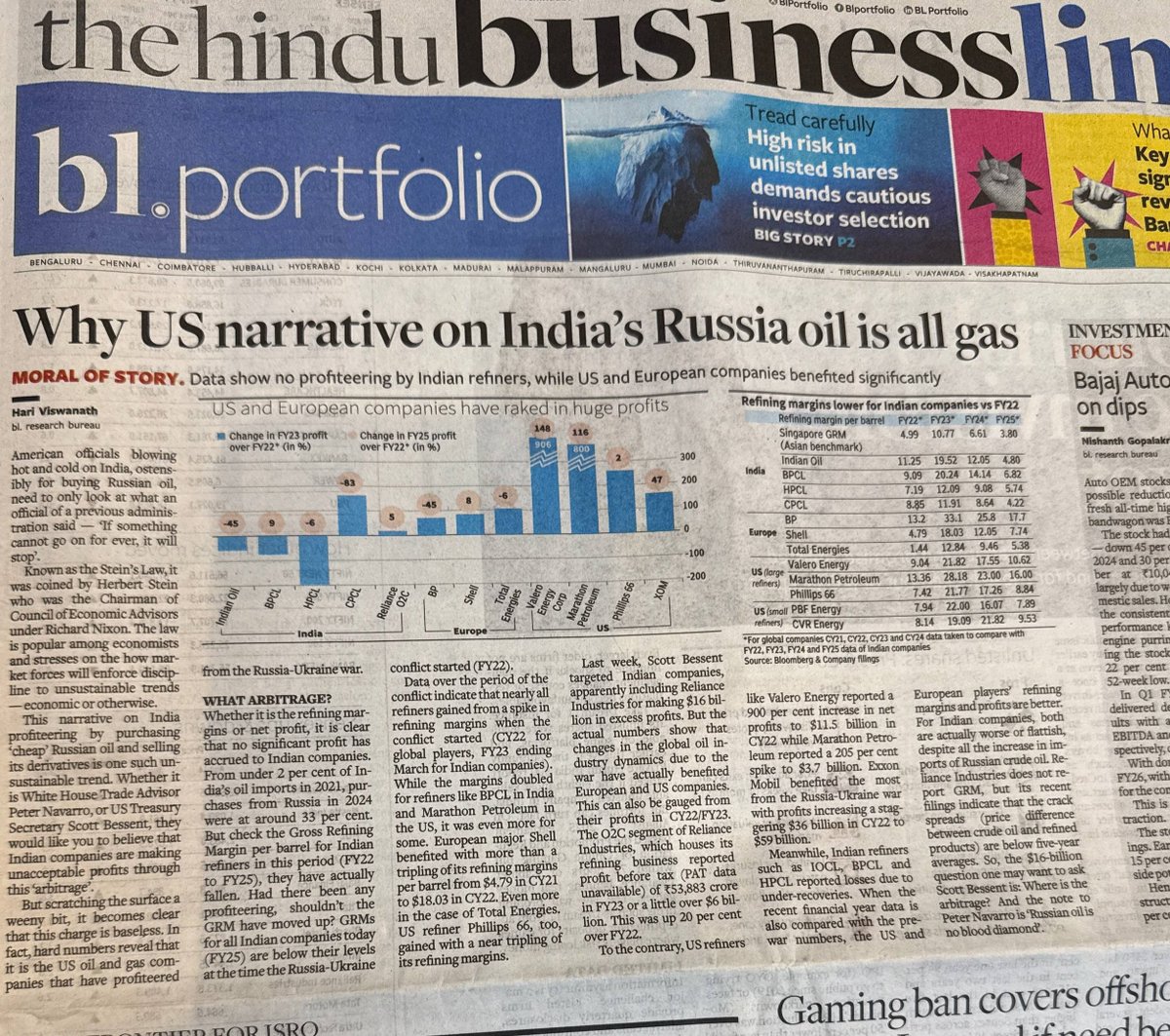 American and European oil companies have made 4 time more profit than Indian companies on russian oil.