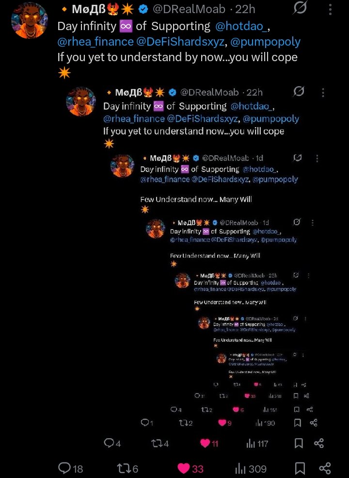 🔸MøДß🐦🔥✴️ (@drealmoab) on Twitter photo Day infinity ♾️ of Supporting <a href="/hotdao_/">HOT Protocol 🔥</a>, <a href="/rhea_finance/">Rhea Finance</a> <a href="/DeFiShardsxyz/">DeFiShards (Jpeg/acc)</a>, <a href="/pumpopoly/">Pumpopoly.com</a>
If you yet to understand by now...you will cope
✴️ Day infinity ♾️ of Supporting <a href="/hotdao_/">HOT Protocol 🔥</a>, <a href="/rhea_finance/">Rhea Finance</a> <a href="/DeFiShardsxyz/">DeFiShards (Jpeg/acc)</a>, <a href="/pumpopoly/">Pumpopoly.com</a>
If you yet to understand by now...you will cope
✴️
