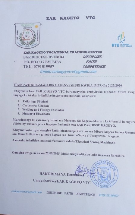 🚨 Aya Mahirwe ntagucike 🚨
Muri iyi munsi,umuntu wize umwuga niwe uyoboye ku isoko ry'umurimo!Nawe rero Aya Mahirwe ntagucike ngwino uhabwe ubumenyi igihe gito uhange umurimo unatange akazi kubandi!Karibu muri EAR KAGEYO VTC.