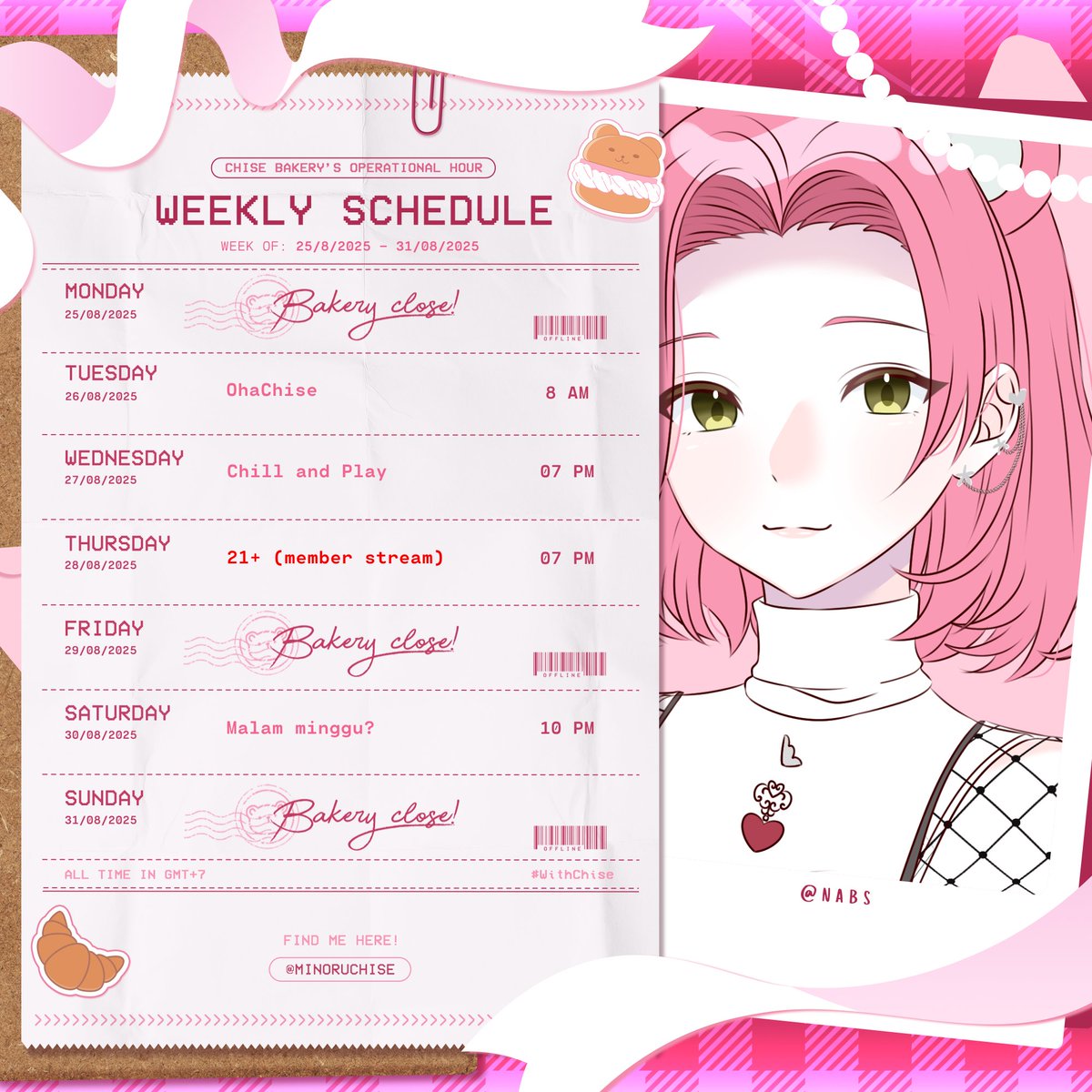 【 Weekly Schedule 】 
25 Aug - 31 Aug 2025

Tags : 
❥ General : #MinoruChise
❥ Live : #WithChise
❥ Fan art : #ChiseArt
❥ Meme : #ChiLawak
❥ Fan name : #Bauwang 

🔗 Youtube : youtube.com/@minoruchisech…