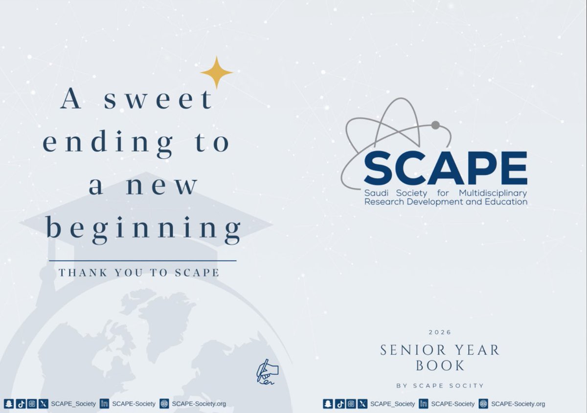 Senior Yearbook 2026 ✨

مع بداية السنة الأخيرة، يبدأ فصل جديد مليء بالتحديات والذكريات والإنجازات

شكر لجمعية SCAPE على دعمها الدائم، خصوصًا في مجال الأبحاث وتوثيق مسيرة الطلاب. 

شاركونا واطّلعوا على الكتاب عبر النموذج: forms.gle/pQWAGwH7yKe2HT…