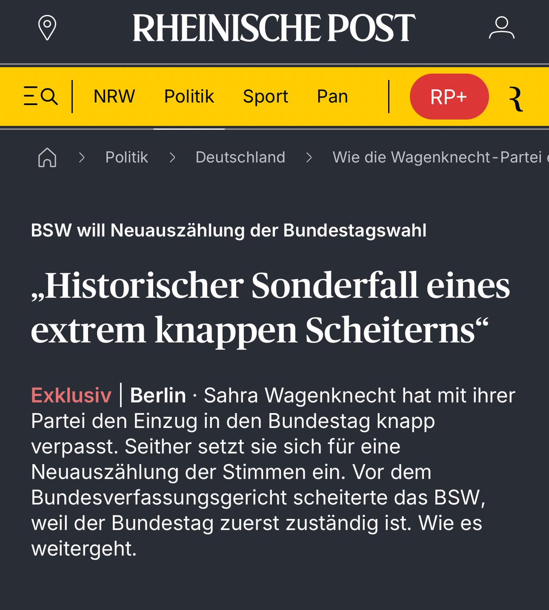 „Das BSW hat bei der Bundestagswahl im Februar laut offiziellem Ergebnis 4,981 Prozent der Zweitstimmen erzielt. Damit verpasste die erst Anfang 2024 gegründete Partei den Sprung über die Fünf-Prozent-Hürde knapp. Nur etwa 9500 Zweitstimmen sollen gefehlt haben, also 0,19