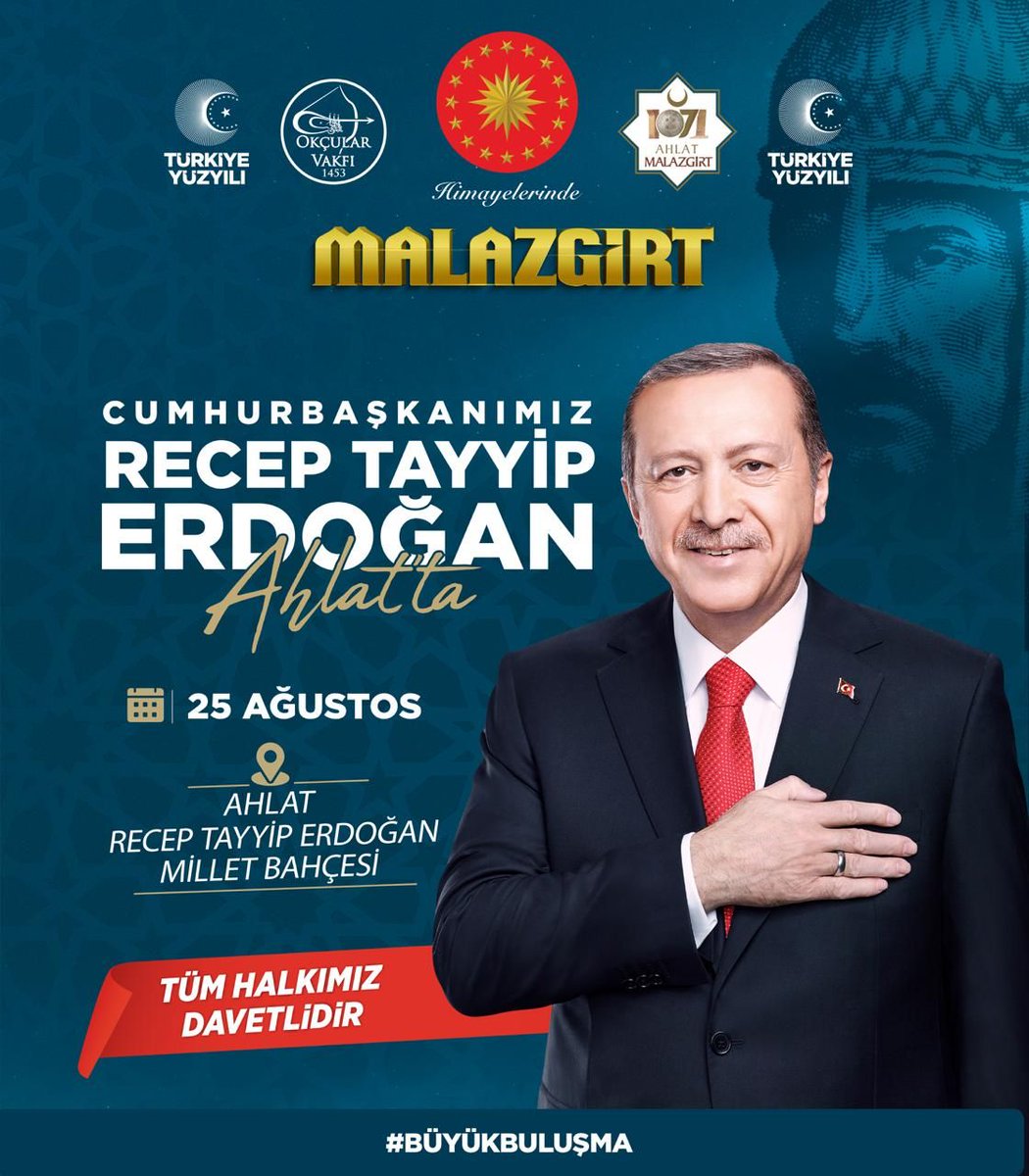 Cumhurbaşkanımız Sayın Recep Tayyip Erdoğan Ahlat'ta! 

🗓️ 25 Ağustos 
📍 Ahlat Recep Tayyip Erdoğan Millet Bahçesi

Tüm halkımız davetlidir.

#BüyükBuluşma #KutluYürüyüş #Ahlat #Malazgirt