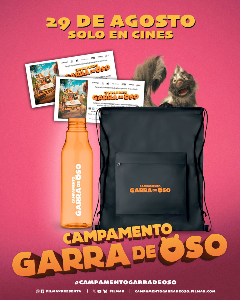 ‼️#SORTEO‼️

¡3 PACKS de #CampamentoGarraDeOso !🐻 ¡Estreno 29 de agosto!

1️⃣ Entrada doble + 1️⃣ Botella + 1️⃣ Mochila de excursión

👍🏻 RT + FOLLOW + MENCIÓN a un amigo

👉🏻 ¡Síguenos! <a href="/filmax/">Filmax</a>  y  <a href="/35milimetros_es/">35 Milímetros Cine y TV 🎬 📺</a>

⏰ Fin: 1/9 a las 10:00 h.

Más info: bit.ly/3ZvcuRP