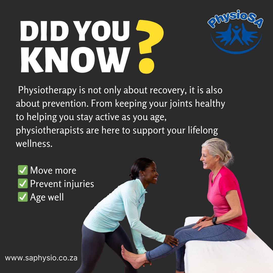 Physio is not only about recovery, it is also about prevention. From keeping your joints healthy to helping you stay active as you age, physios are here to support wellness.
✅Move more
✅Prevent injuries
✅Age well
👉 Find a physio near you at saphysio.co.za

#PhysioSA