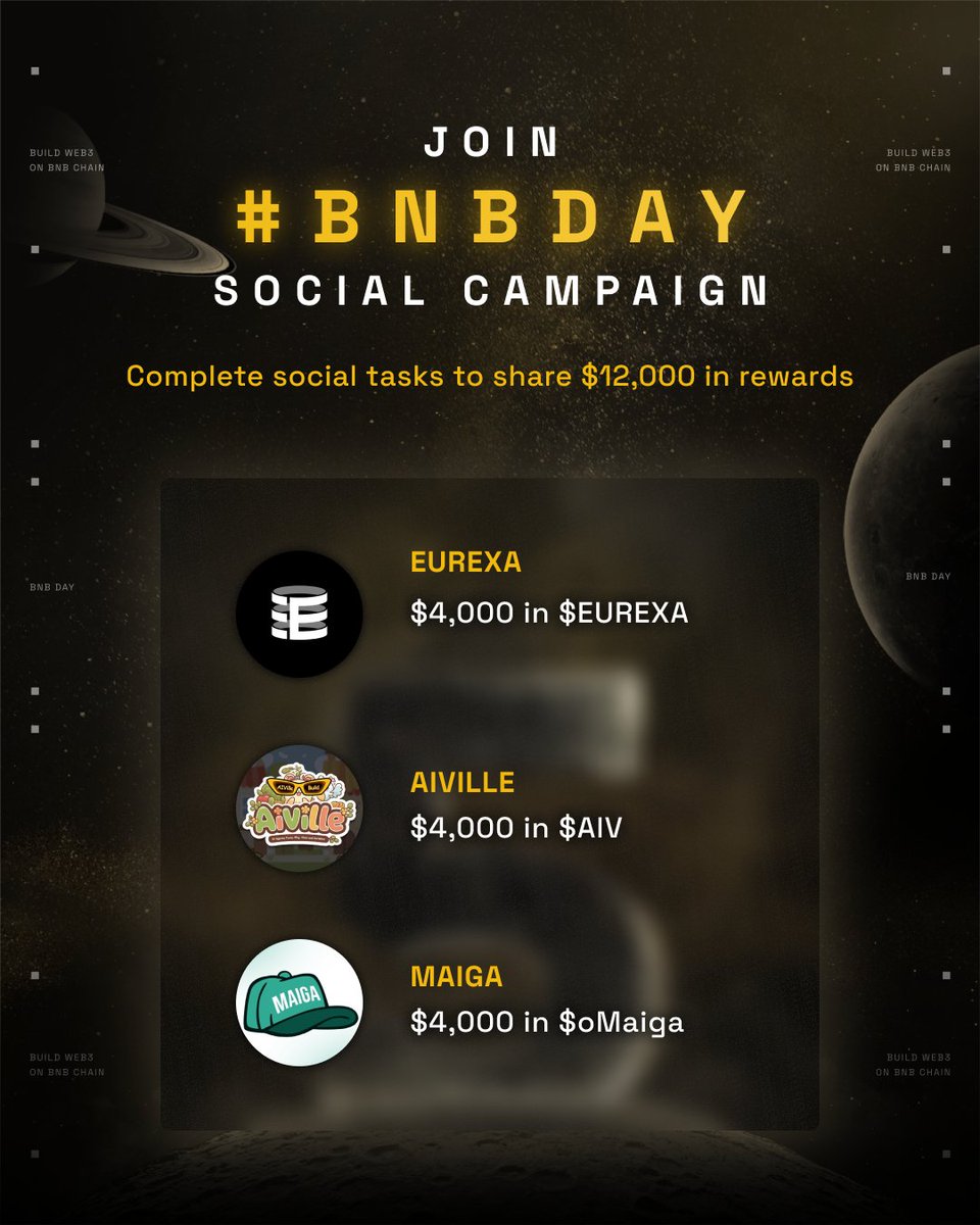 BNB Chain (@bnbchain) on Twitter photo We’re celebrating 5 years of BNB Chain by honouring the builders and giving back to the community! 💛
Want to get rewarded while exploring the ecosystem?
Here’s how:
1️⃣ Follow <a href="/BNBCHAIN/">BNB Chain</a>, <a href="/EurexaLabs/">EurexaLabs</a>, <a href="/aivillebot/">AIVilleWorld</a> & <a href="/Maiga_AI/">Maiga.ai 🧢🧢</a>.
2️⃣ Like & repost this.
3️⃣ Comment below a screenshot We’re celebrating 5 years of BNB Chain by honouring the builders and giving back to the community! 💛
Want to get rewarded while exploring the ecosystem?
Here’s how:
1️⃣ Follow <a href="/BNBCHAIN/">BNB Chain</a>, <a href="/EurexaLabs/">EurexaLabs</a>, <a href="/aivillebot/">AIVilleWorld</a> & <a href="/Maiga_AI/">Maiga.ai 🧢🧢</a>.
2️⃣ Like & repost this.
3️⃣ Comment below a screenshot