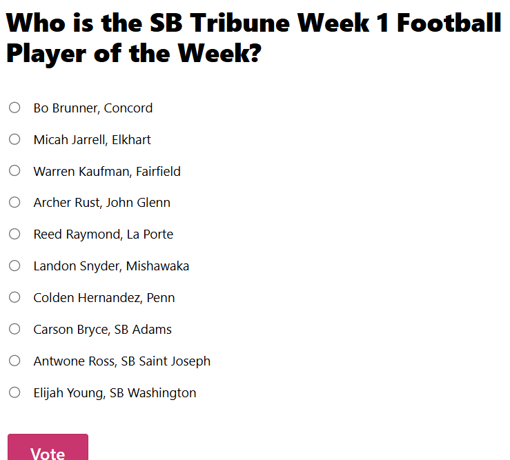 Voting is now open for the Week 1 South Bend Tribune Football Player of the Week Poll! Votes are unlimited, and the poll closes Thursday, August 28, at 11:59 p.m. 🏈🗳️
southbendtribune.com/story/sports/h…