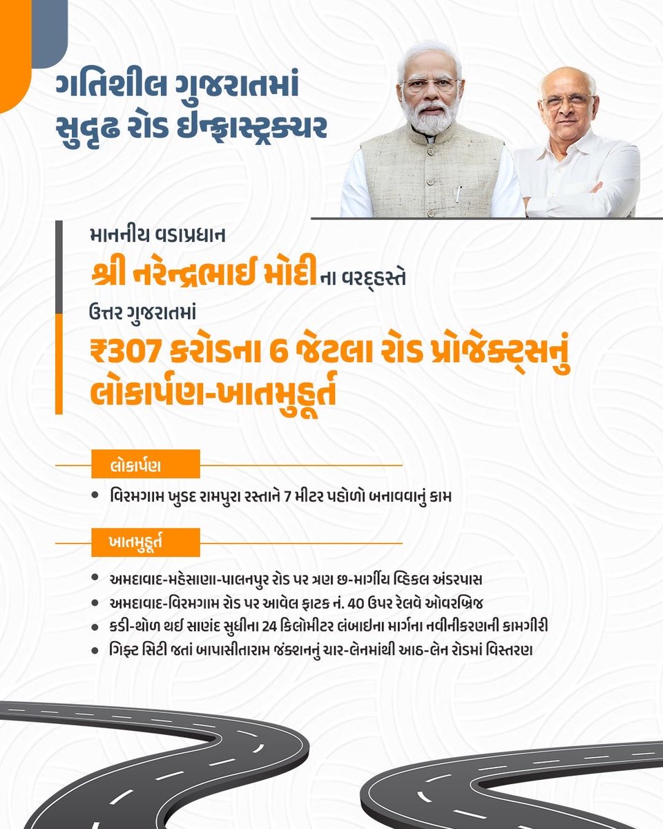 UAAMkarannagar's tweet photo. ગુજરાતના નાગરિકોને દૈનિક વાહનવ્યવહાર માટે મળશે વધુ સુદ્રઢ ઇન્ફ્રાસ્ટ્રક્ચર. 
માન. વડાપ્રધાન શ્રી નરેન્દ્રભાઈ મોદી ઉત્તર ગુજરાતમાં માર્ગ અને મકાન વિભાગના ₹307 કરોડના ખર્ચે હાથ ધરાયેલા કુલ 6 પ્રોજેક્ટ્સનું લોકાર્પણ-ખાતમુહૂર્ત કરશે. 
#ViksitBharatViksitGujarat 
#ViksitMehsana https://t.co/z9nIDsawlo