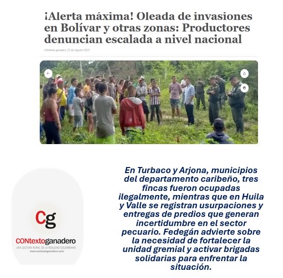 Una serie de invasiones de tierras en departamentos Bolivar, Huila y Valle del Cauca encendió las alarmas en el sector ganadero.
#SOSGanadero